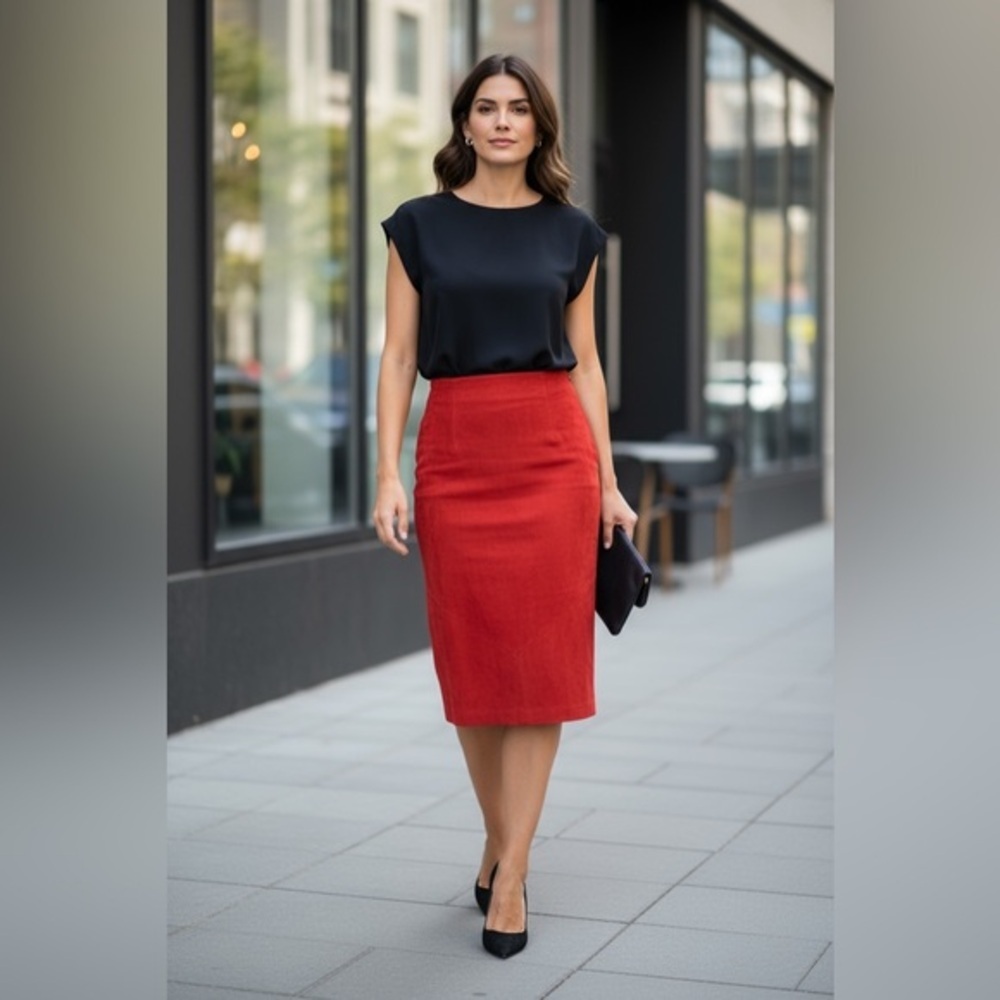 Vakko Red Genuine Suede Midi Pencil Skirt Size 6 Made in USA